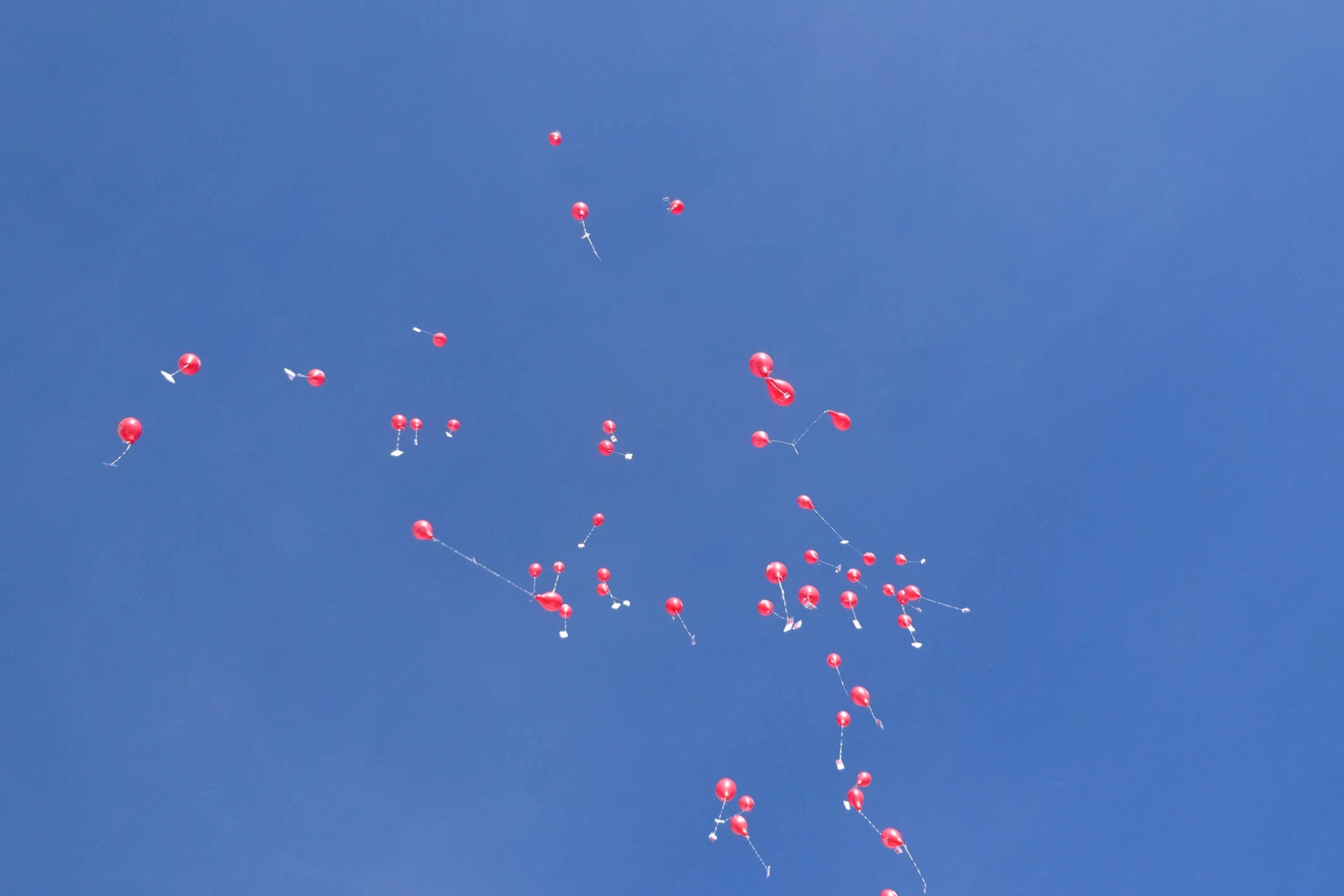 Rote Ballons weit oben am Himmel.